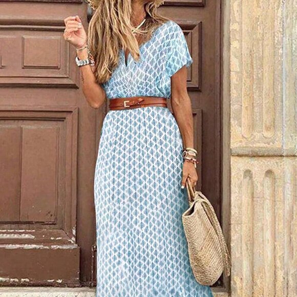 Blue Boho Women's Print Wrapped V-Neck Cross Batwing Sleeve Slit A-Line Dress - Picture 2 of 5